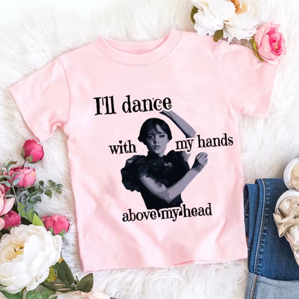 Pink Girls’ T-shirt with Wednesday Print, Size 9T-10T